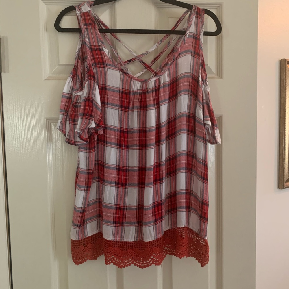 Plaid cold shoulder top